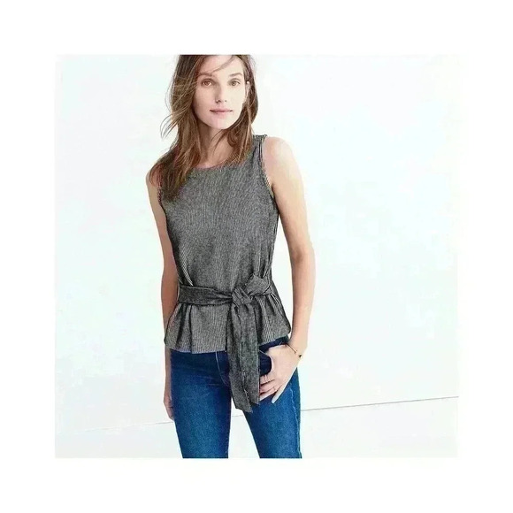 Madewell French Rib Tie-Waist Tank Shirt XXS Gray Stripe Textured Sweater Knit - Picture 2 of 7